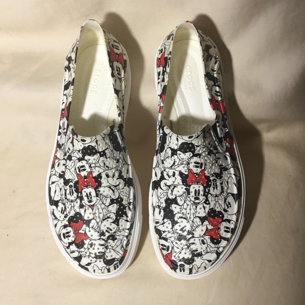 CROCS Kids Slip-On Sneakers in White, Black & Red Minnie Print